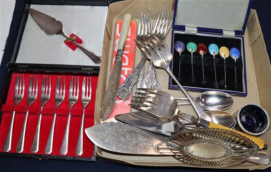 A cased set of six silver and polychrome enamel coffee spoons and a quantity of assorted plated flatware etc.